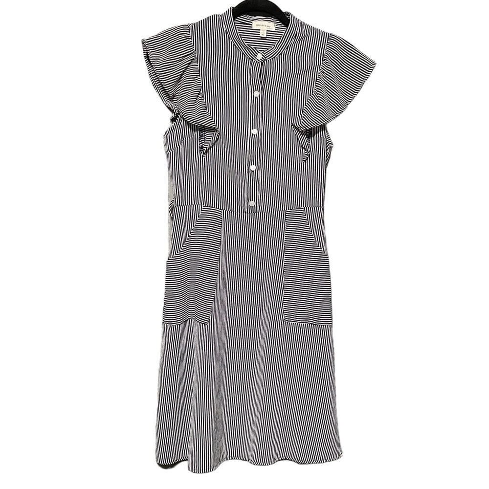 MONTEAU Pinstriped Ruffle Sleeve Button Down Front Mini Dress